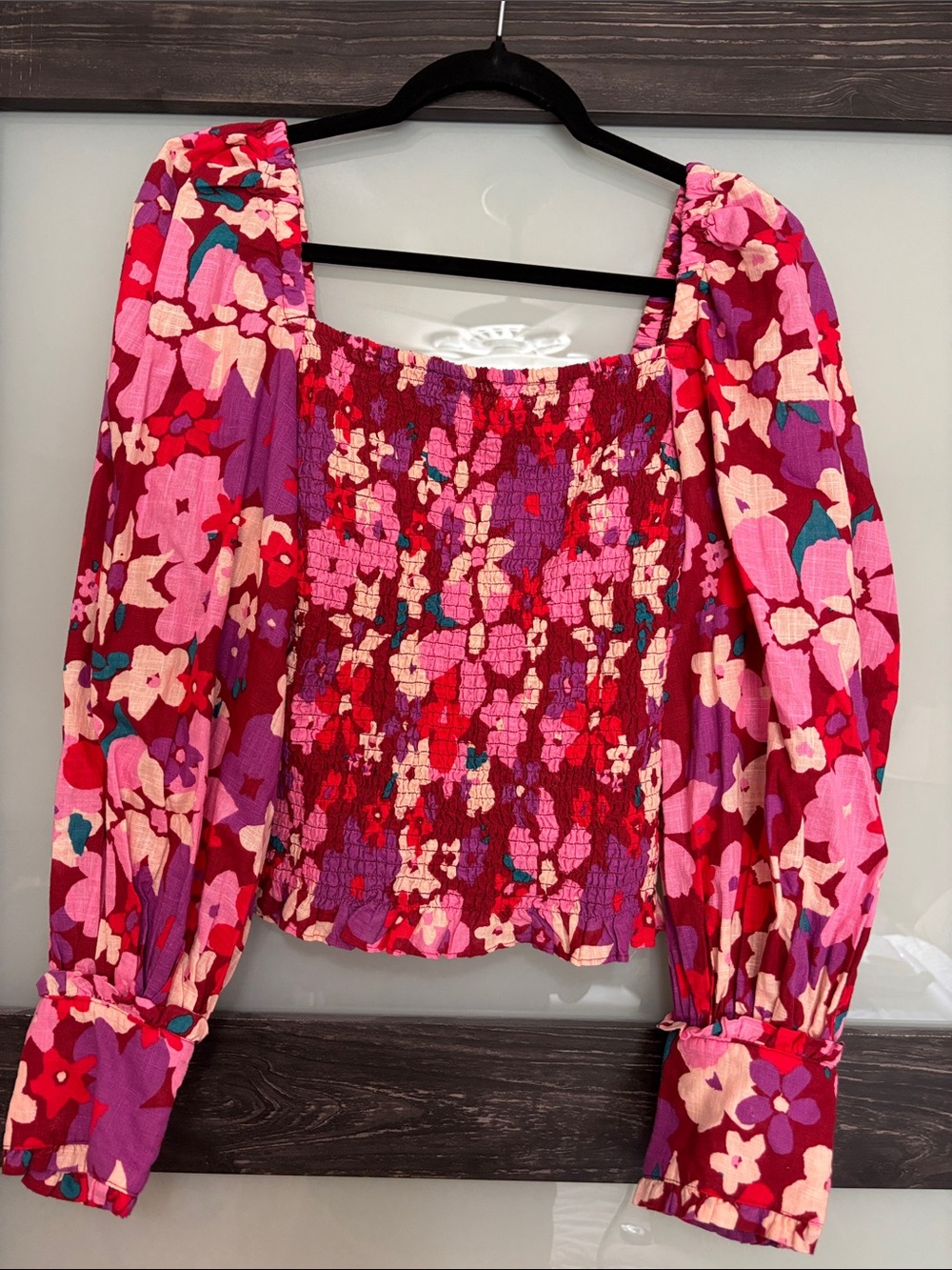 Free People Pink and Red Floral Smocked Square-Neck Blouse size small
